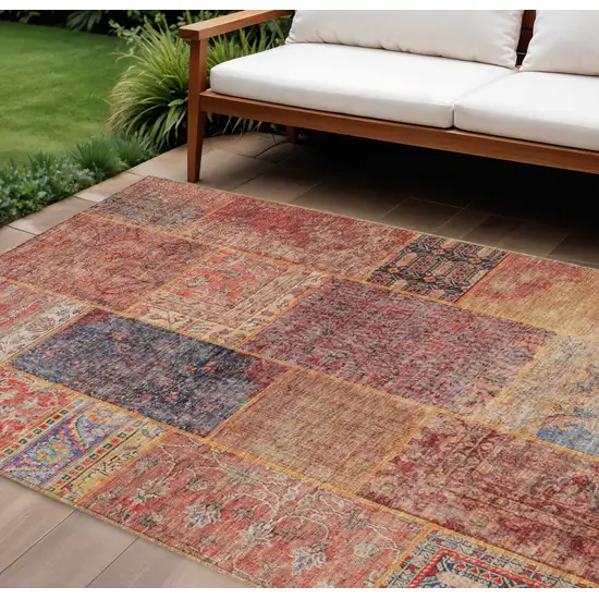 Red Orange And Blue Patchwork Washable Indoor Outdoor Area Rug Photo 1