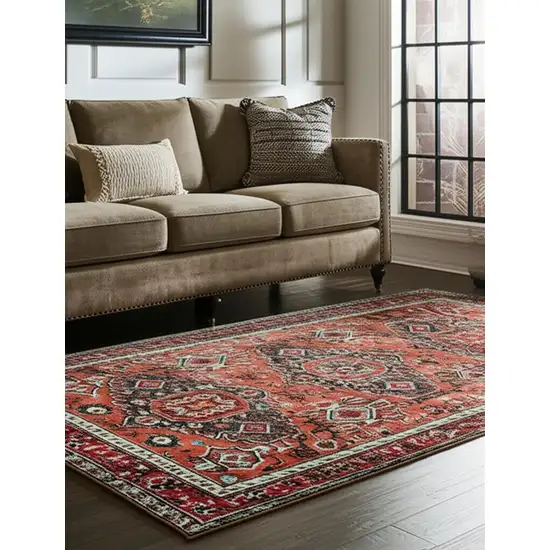 Red Orange And Blue Wool Floral Hand Knotted Distressed Area Rug Photo 1