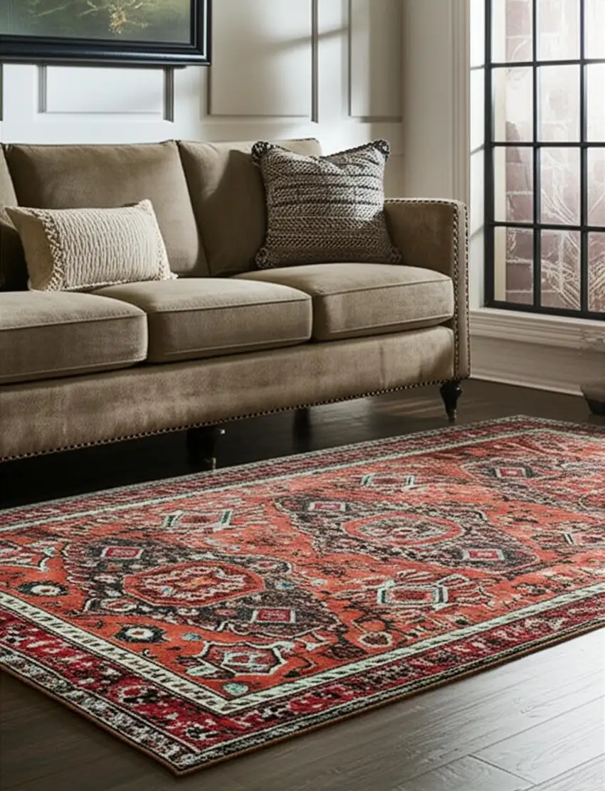 Red Orange And Blue Wool Floral Hand Knotted Distressed Area Rug Photo 1