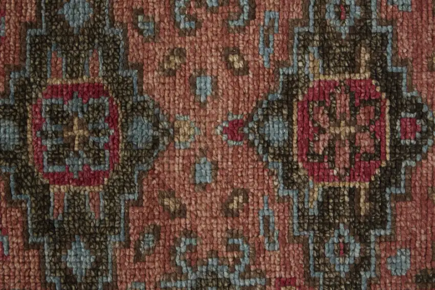 Red Orange And Blue Wool Floral Hand Knotted Distressed Stain Resistant Area Rug With Fringe Photo 8