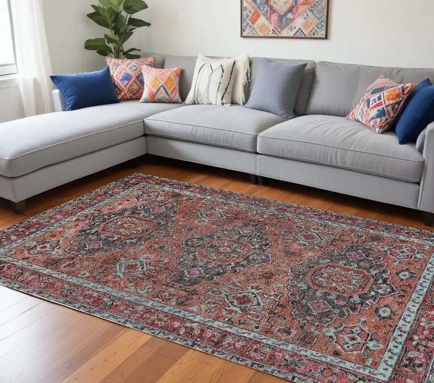 Red Orange Wool Floral Hand Knotted Distressed Area Rug With Fringe Photo 2