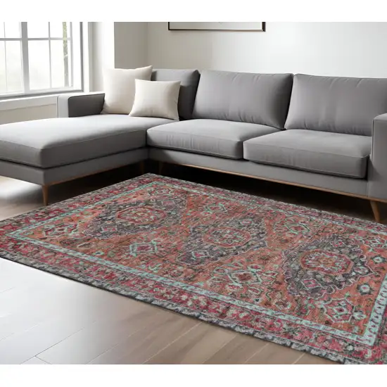 Red Orange And Blue Wool Floral Hand Knotted Distressed Area Rug With Fringe Photo 1