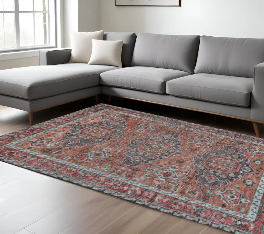 Red Orange And Blue Wool Floral Hand Knotted Distressed Area Rug With Fringe Photo 1