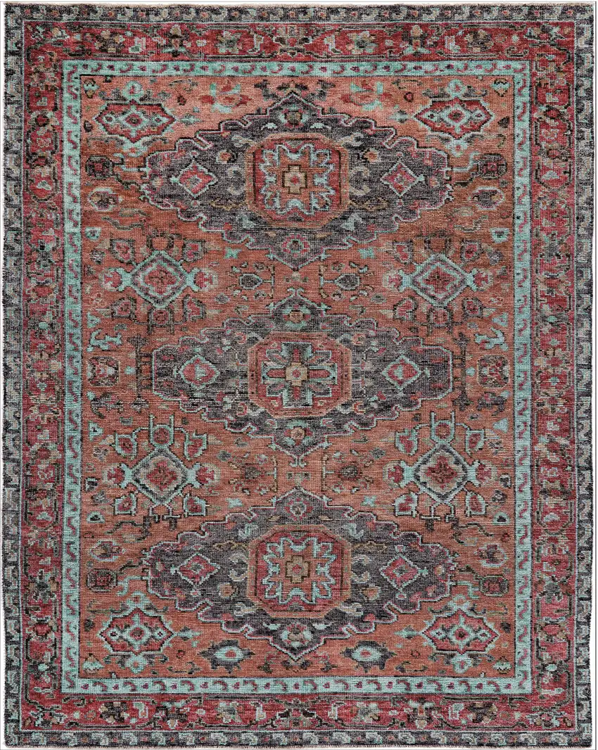 Red Orange Wool Floral Hand Knotted Distressed Area Rug With Fringe Photo 3