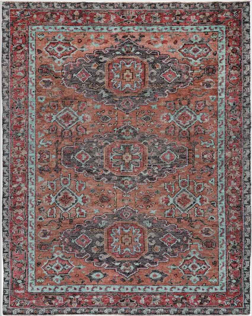 Red Orange Wool Floral Hand Knotted Distressed Area Rug With Fringe Photo 2