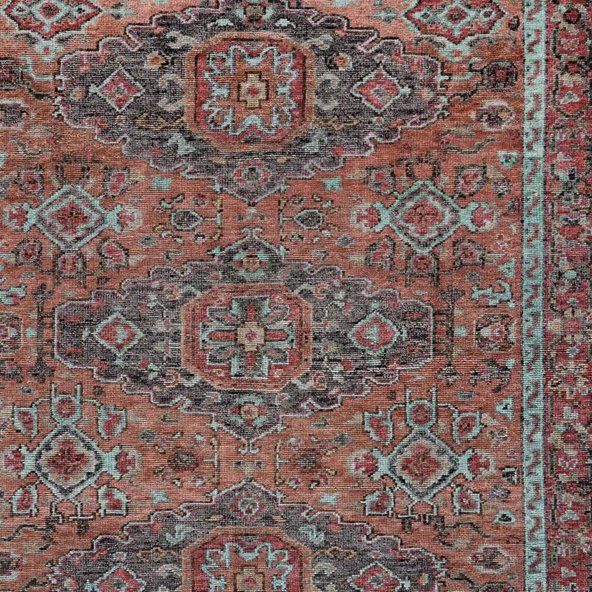 Red Orange And Blue Wool Floral Hand Knotted Distressed Stain Resistant Area Rug With Fringe Photo 6