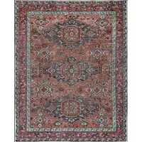 Photo of Red Orange And Blue Wool Floral Hand Knotted Distressed Stain Resistant Area Rug With Fringe