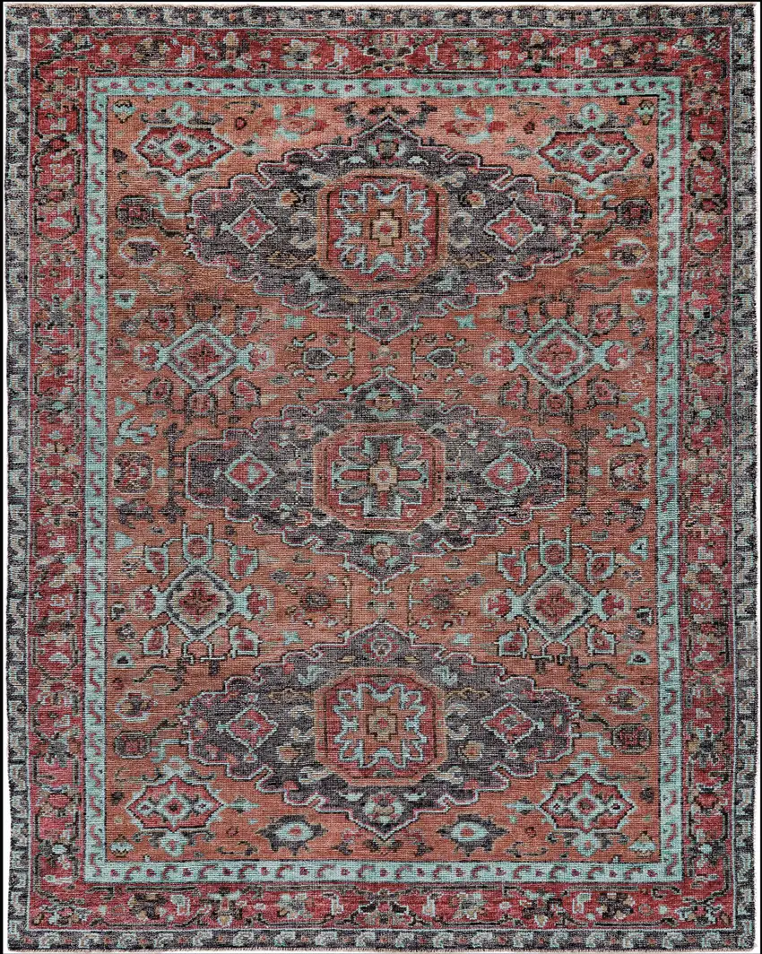 Red Orange And Blue Wool Floral Hand Knotted Distressed Stain Resistant Area Rug With Fringe Photo 1