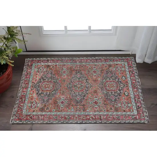 Red Orange And Blue Wool Floral Hand Knotted Distressed Stain Resistant Area Rug With Fringe Photo 2