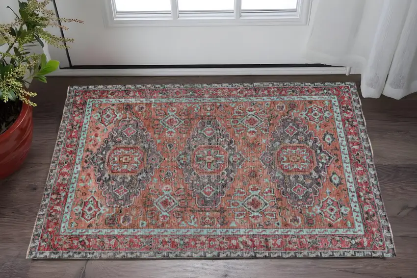 Red Orange And Blue Wool Floral Hand Knotted Distressed Stain Resistant Area Rug With Fringe Photo 2