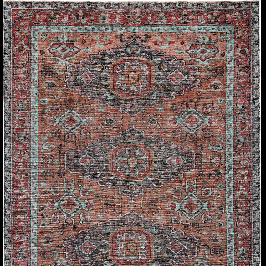 Red Orange And Blue Wool Floral Hand Knotted Distressed Stain Resistant Area Rug With Fringe Photo 7