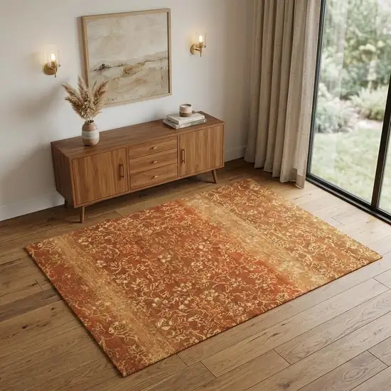 Red Orange And Gold Wool Floral Hand Knotted Area Rug Photo 1