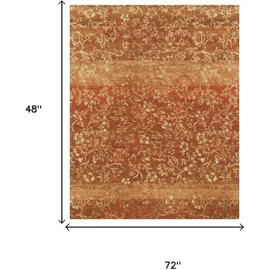 Red Orange And Gold Wool Floral Hand Knotted Area Rug Photo 5