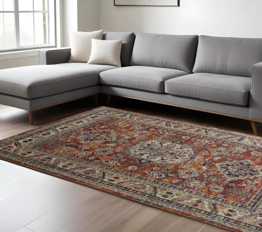 Red Orange Floral Non Skid Area Rug Photo 1