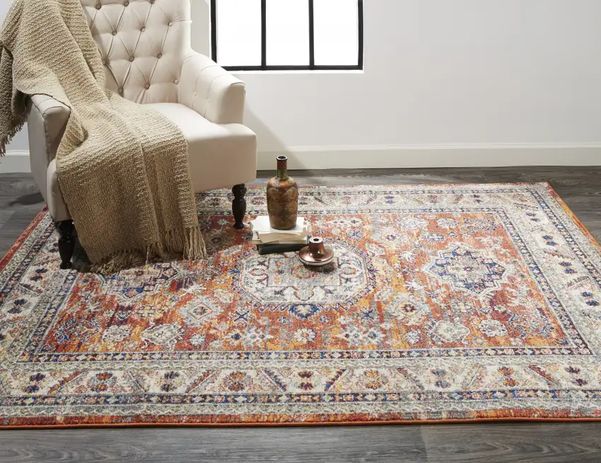 Red Orange And Ivory Floral Stain Resistant Area Rug Photo 8