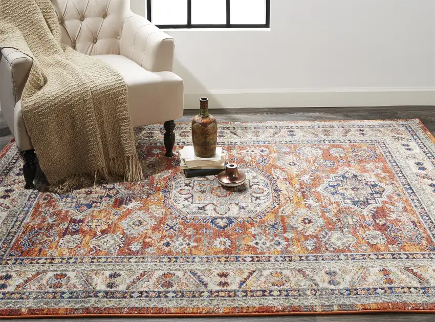 Red Orange And Ivory Floral Stain Resistant Area Rug Photo 9