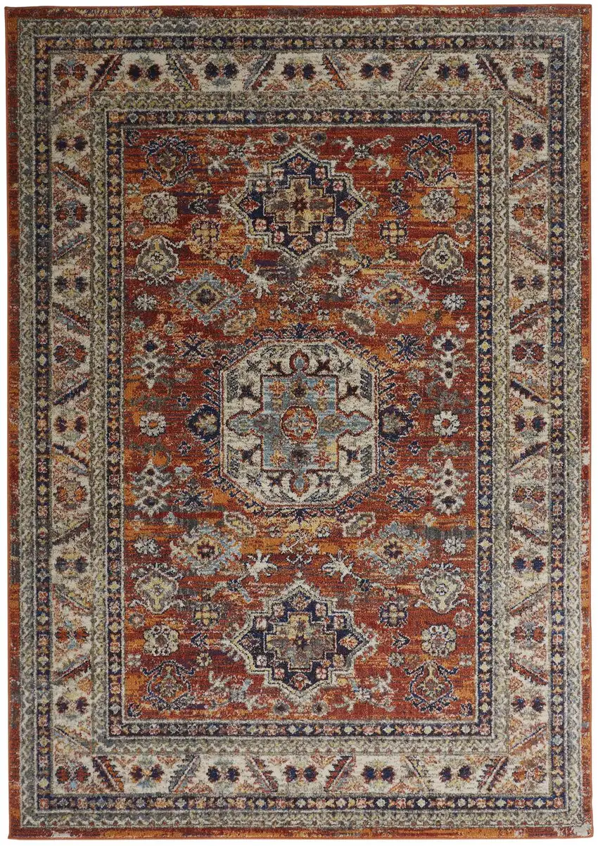 Red Orange And Ivory Floral Stain Resistant Area Rug Photo 1