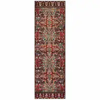 Photo of Red Orange Blue And Grey Southwestern Power Loom Stain Resistant Runner Rug