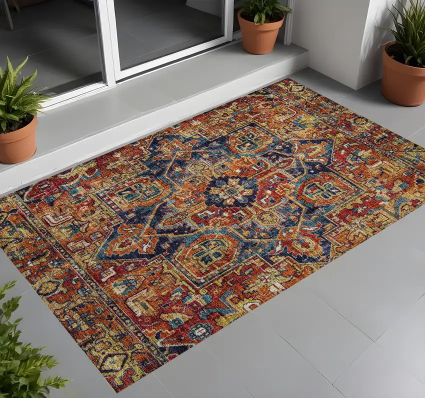 Red Orange and Blue Oriental Washable Non Skid Indoor Outdoor Area Rug Photo 1
