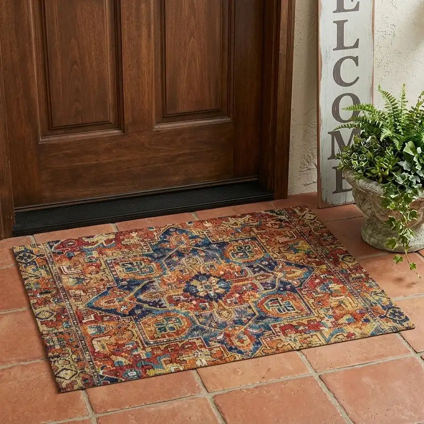 Red Orange and Blue Oriental Washable Non Skid Indoor Outdoor Area Rug Photo 1