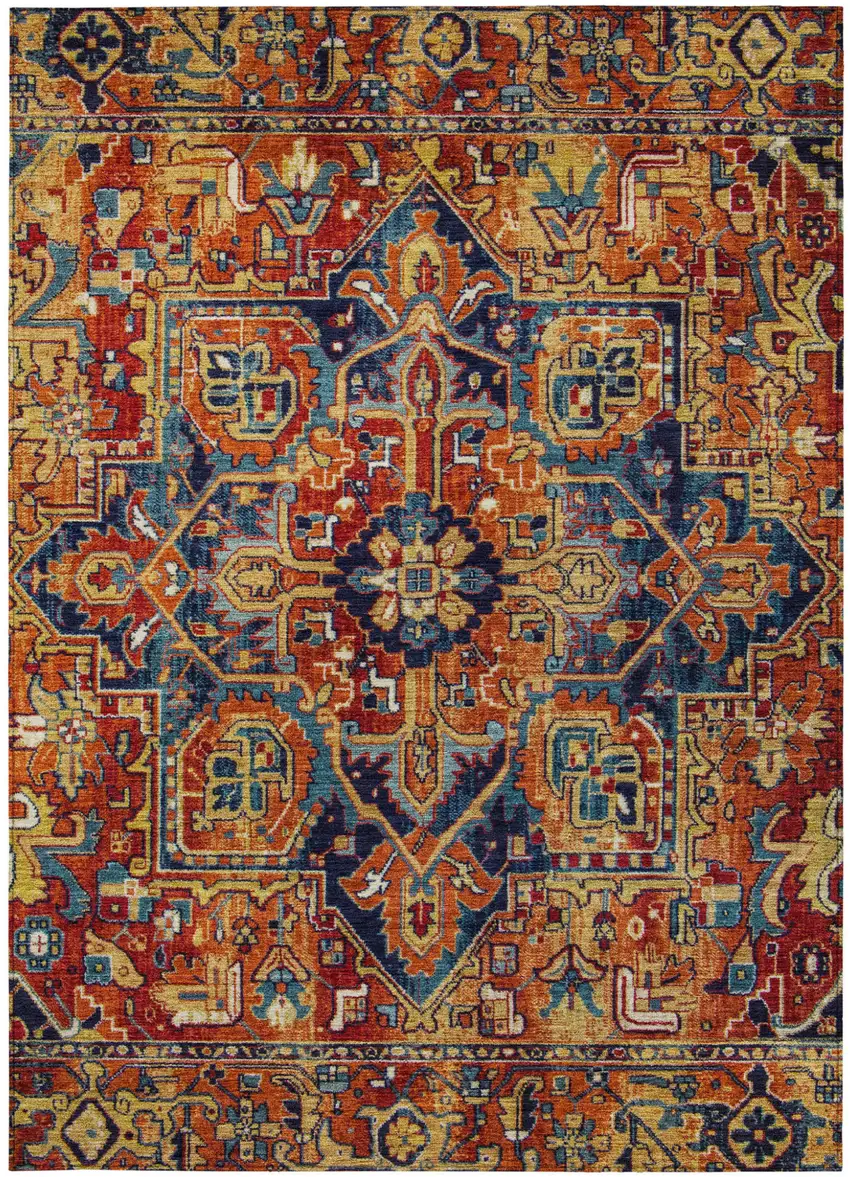 Red Orange and Blue Oriental Washable Non Skid Indoor Outdoor Area Rug Photo 4