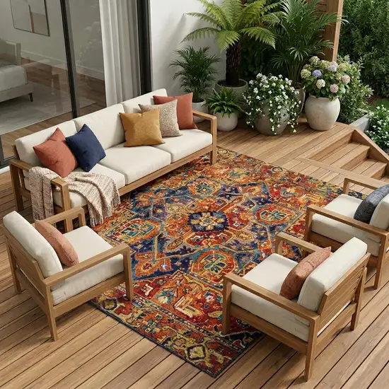Red Orange and Blue Oriental Washable Non Skid Indoor Outdoor Area Rug Photo 1