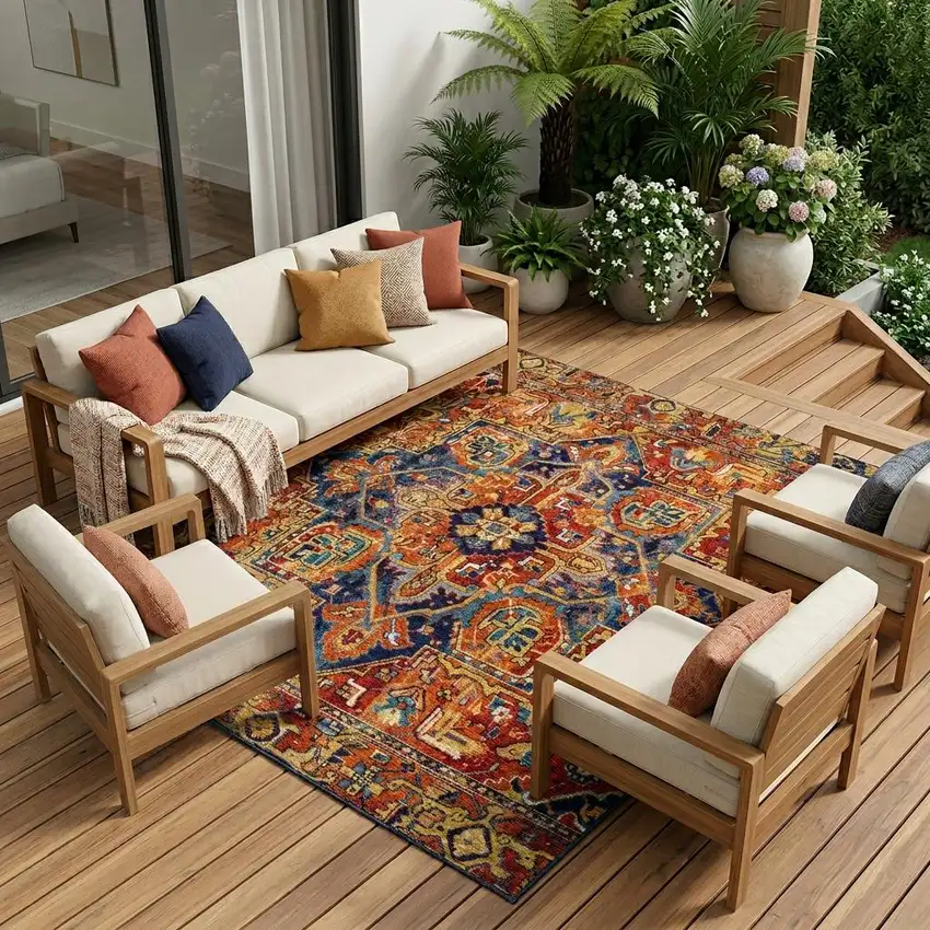 Red Orange and Blue Oriental Washable Non Skid Indoor Outdoor Area Rug Photo 1