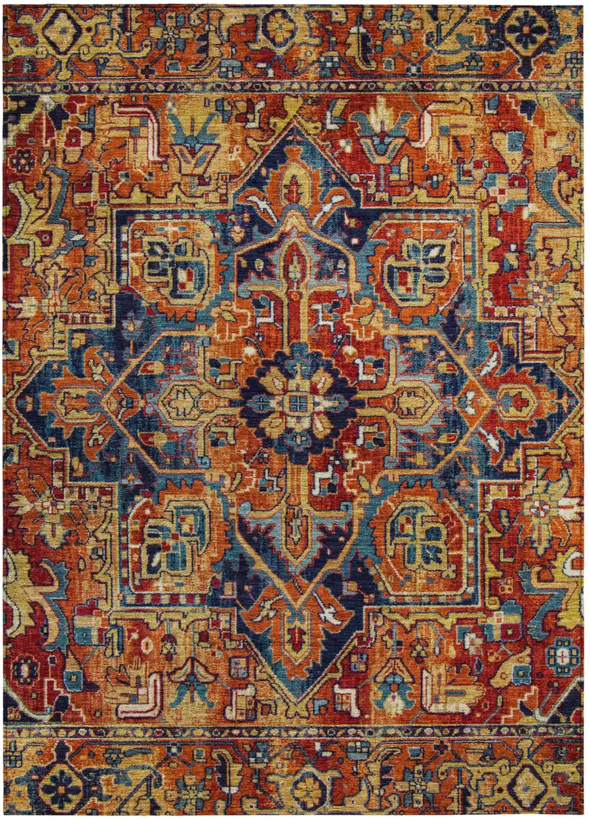 Red Orange and Blue Oriental Washable Non Skid Indoor Outdoor Area Rug Photo 2