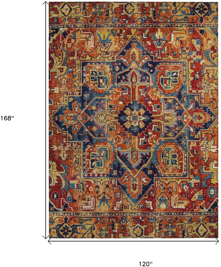 Red Orange and Blue Oriental Washable Non Skid Indoor Outdoor Area Rug Photo 3