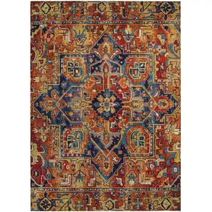Photo of Red Orange and Blue Oriental Washable Non Skid Indoor Outdoor Area Rug