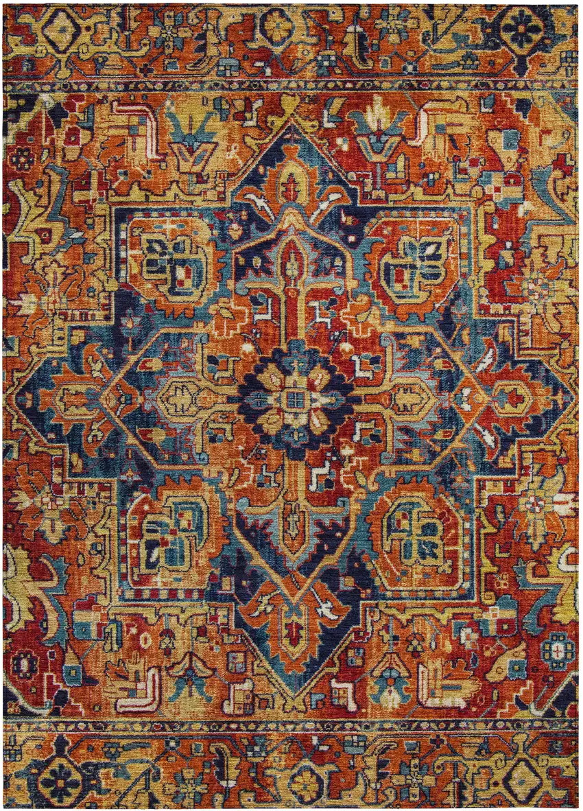 Red Orange and Blue Oriental Washable Non Skid Indoor Outdoor Area Rug Photo 2