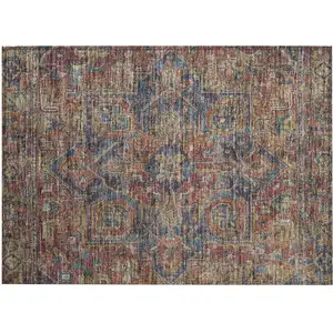 Photo of Red Orange and Blue Oriental Washable Non Skid Indoor Outdoor Area Rug