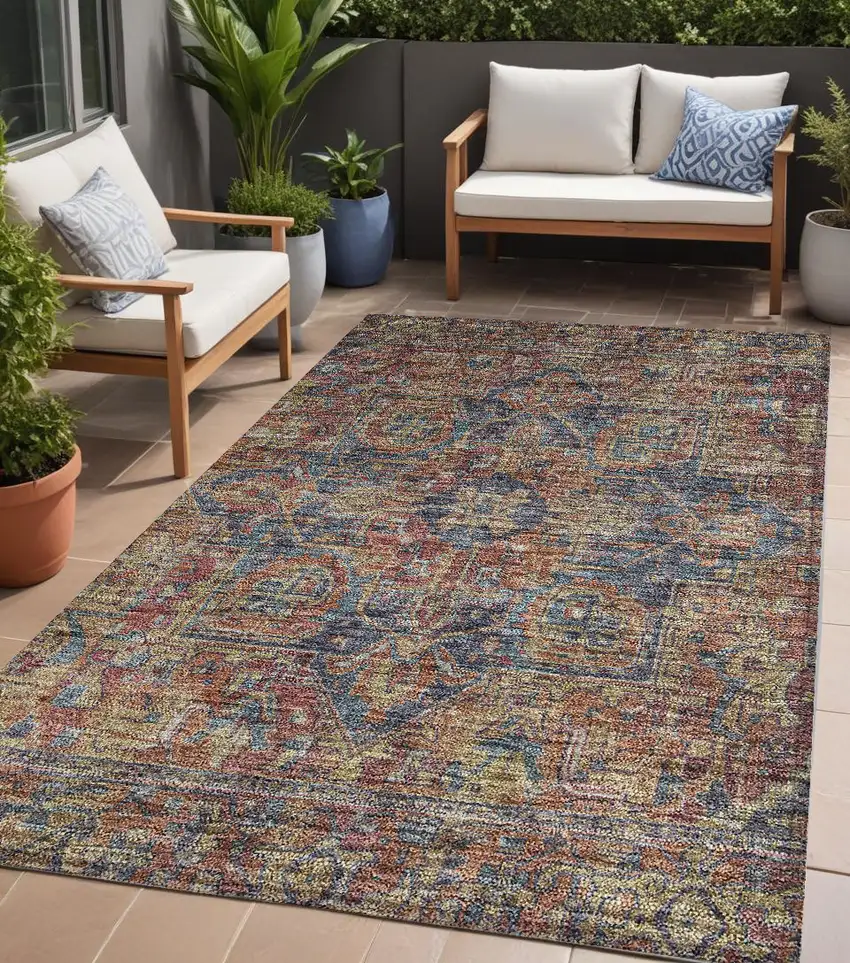 Red Orange and Blue Oriental Washable Non Skid Indoor Outdoor Area Rug Photo 1