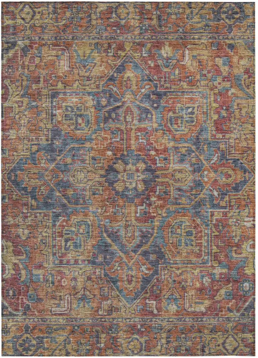 Red Orange and Blue Oriental Washable Non Skid Indoor Outdoor Area Rug Photo 2