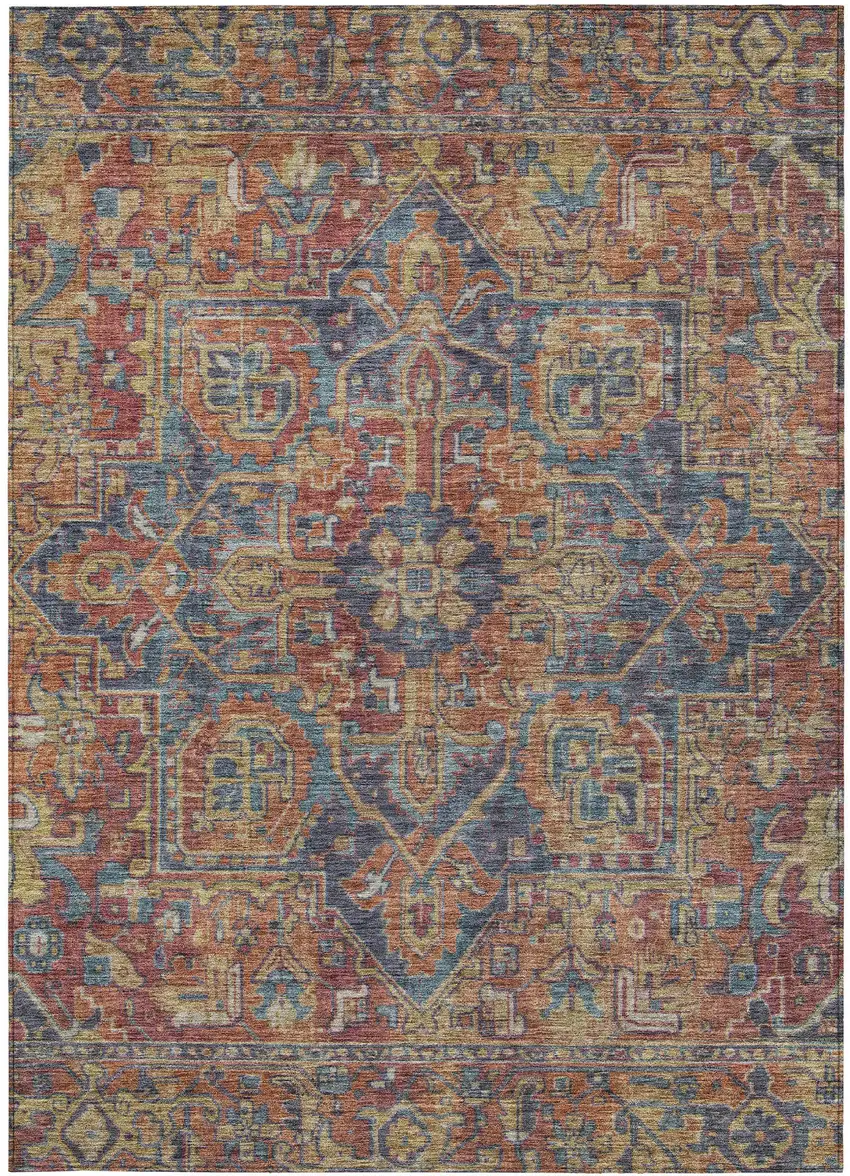 Red Orange and Blue Oriental Washable Non Skid Indoor Outdoor Area Rug Photo 4