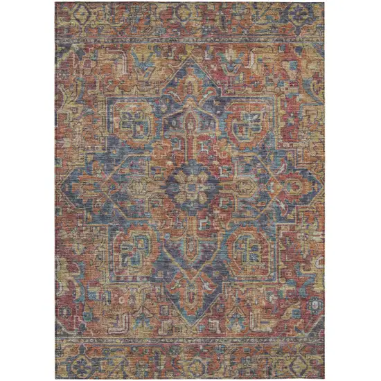 Red Orange And Blue Oriental Washable Indoor Outdoor Area Rug Photo 2