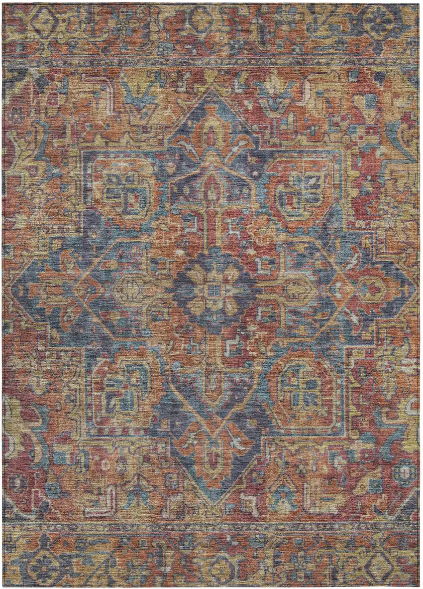 Red Orange and Blue Oriental Washable Non Skid Indoor Outdoor Area Rug Photo 2