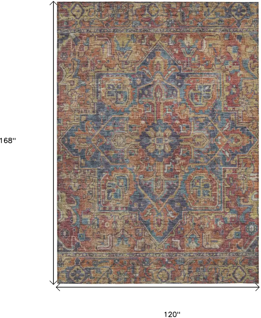 Red Orange and Blue Oriental Washable Non Skid Indoor Outdoor Area Rug Photo 3