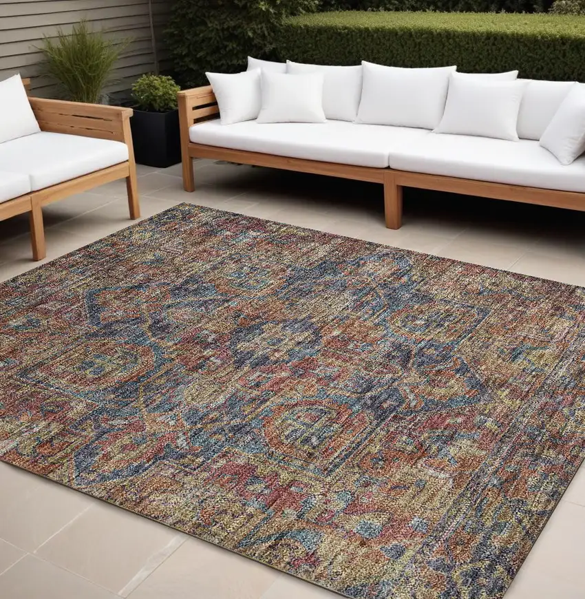 Red Orange And Blue Oriental Washable Indoor Outdoor Area Rug Photo 1