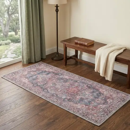 2' X 6' Red Oriental Power Loom Distressed Washable Runner Rug Photo 1