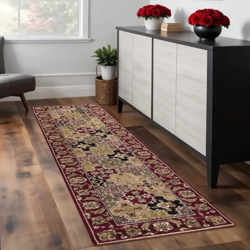 8' Red Orange And Black Quatrefoil Runner Rug Photo 1