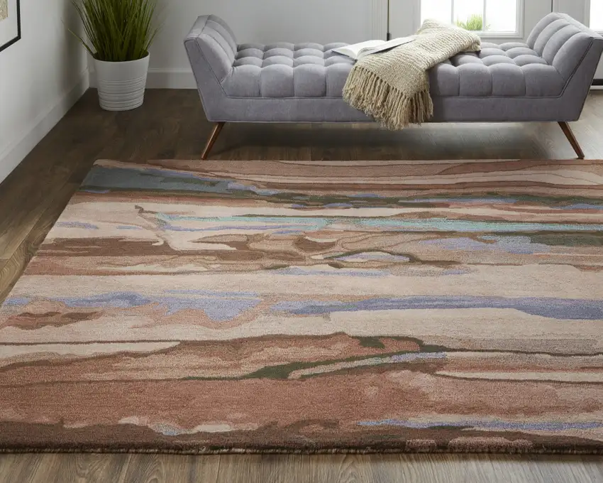Red Pink And Blue Wool Abstract Tufted Handmade Stain Resistant Area Rug Photo 7