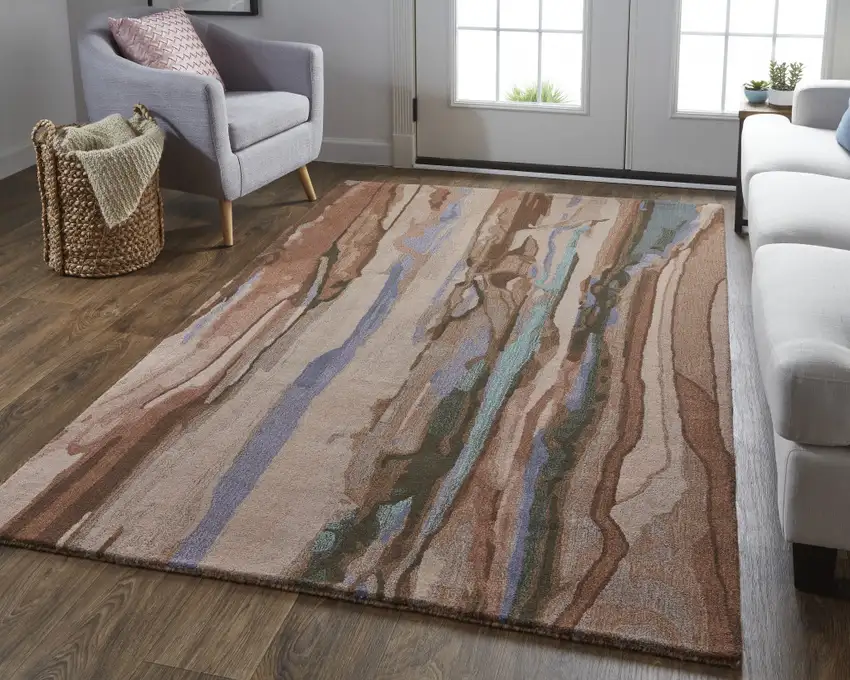 Red Pink And Blue Wool Abstract Tufted Handmade Stain Resistant Area Rug Photo 6