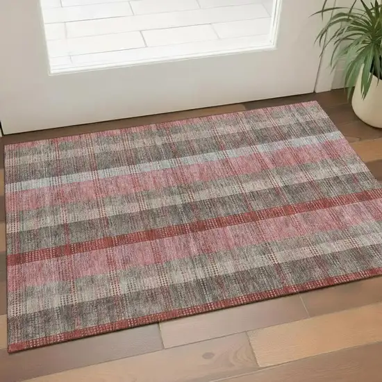 Red Pink And Gray Plaid Washable Area Rug With UV Protection Photo 2