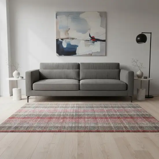 Red Pink And Gray Plaid Washable Area Rug With UV Protection Photo 2