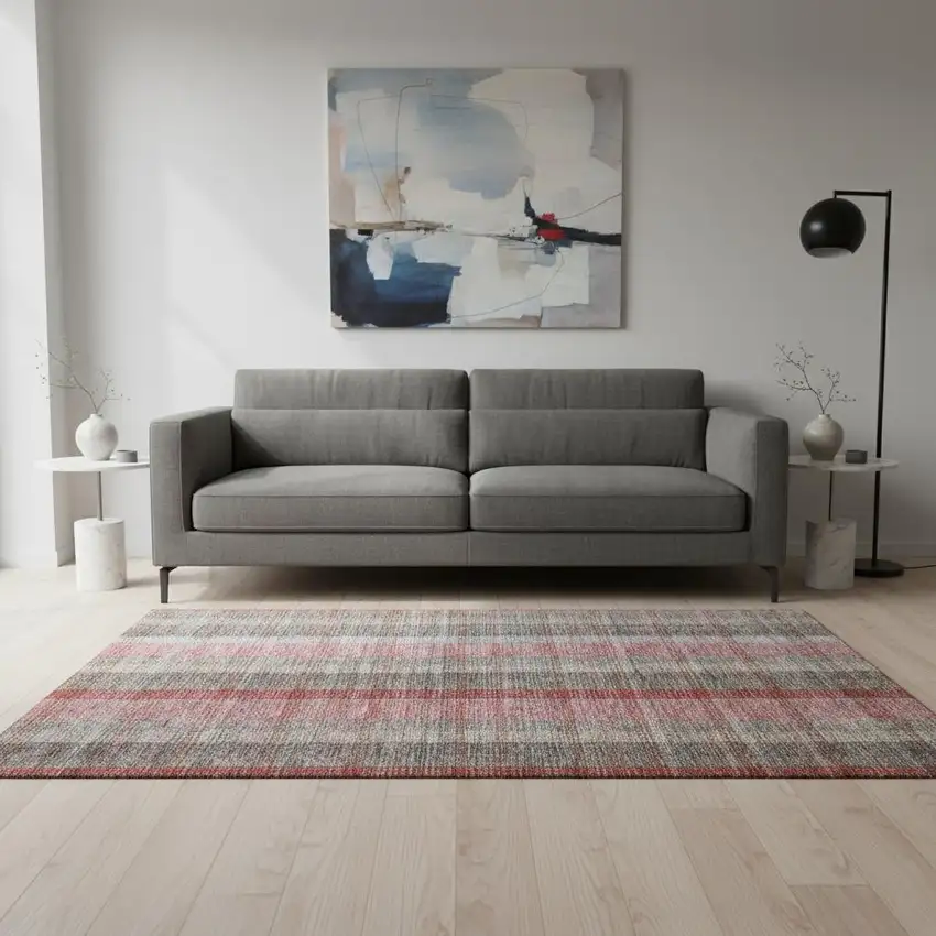 Red Pink And Gray Plaid Washable Area Rug With UV Protection Photo 2