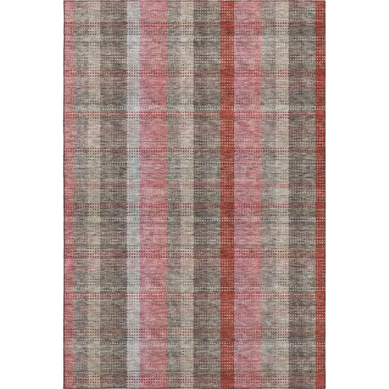 Red Pink And Gray Plaid Washable Area Rug With UV Protection Photo 1