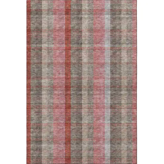 Red Pink And Gray Plaid Washable Area Rug With UV Protection Photo 2