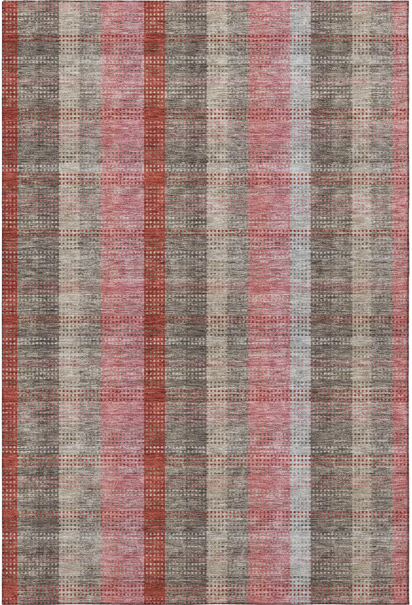 Red Pink And Gray Plaid Washable Area Rug With UV Protection Photo 2