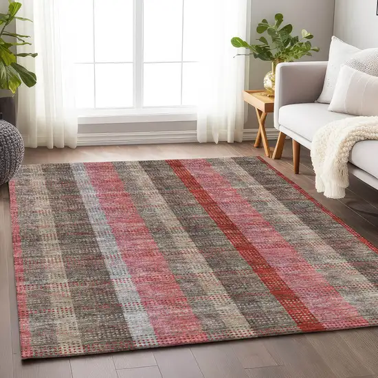 Red Pink And Gray Plaid Washable Area Rug With UV Protection Photo 3
